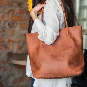 Cognac leather tote bag, leather tote, leather handbag, laptop bag women, brown shoulder bag, vintage leather tote, bag with laptop insert image 2