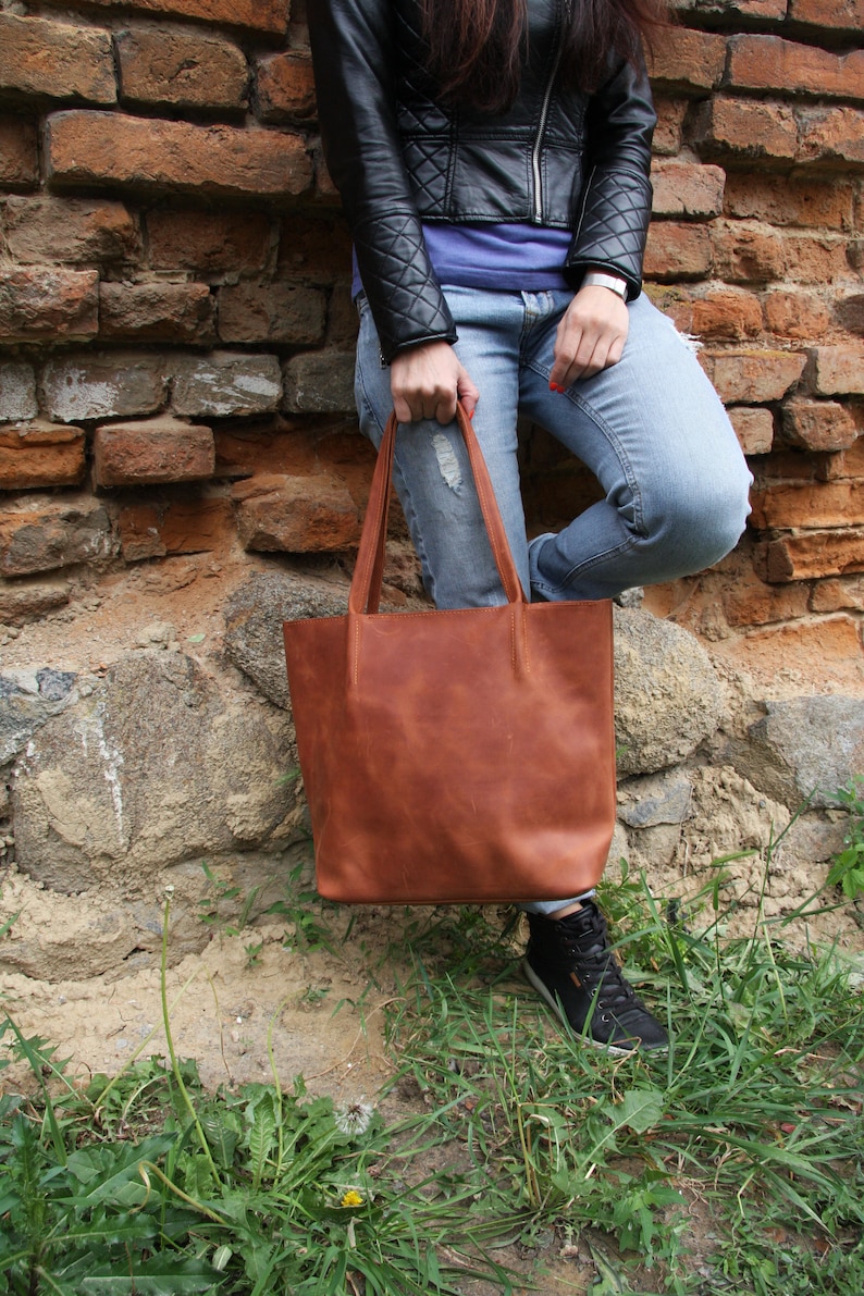 Cognac leather tote bag, leather tote, leather handbag, laptop bag women, brown shoulder bag, vintage leather tote, bag with laptop insert image 4