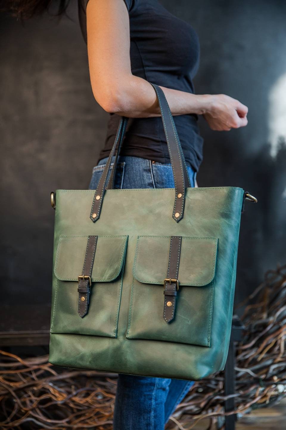 Green tote bag laptop tote bag women leather tote bag green | Etsy