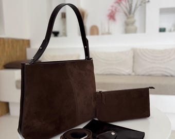 Chocolate Brown Suede Hobo Bag, Handmade Leather Shoulder Bag for Women, Minimal Style Purse