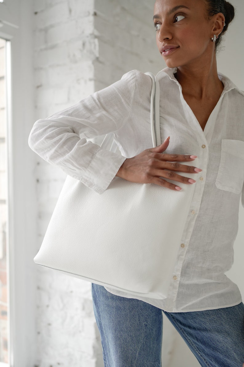 White leather tote bag for women, wedding handmade leather handbag, blue leather shoulder bag tote, bridesmaid tote, women leather tote image 3