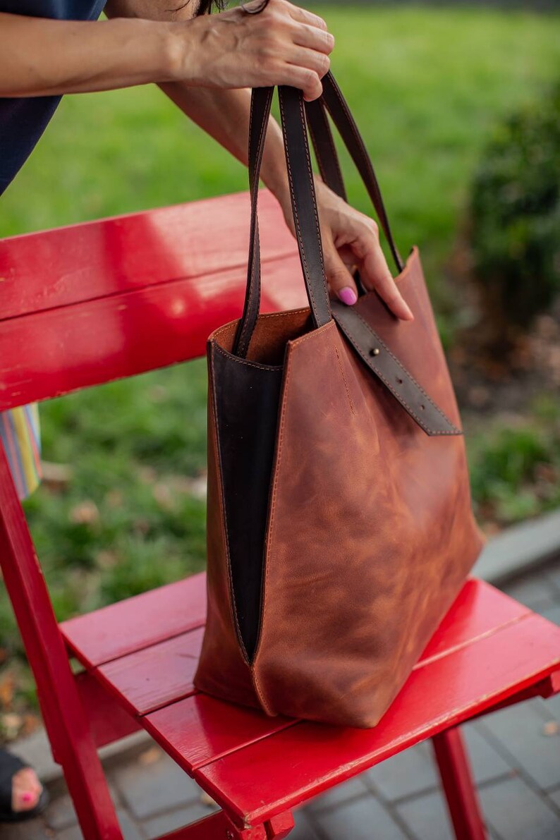 Leather tote bag by OKRA brown laptop bag laptop bag women Etsy