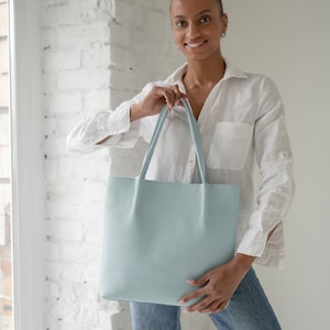 White leather tote bag for women, wedding handmade leather handbag, blue leather shoulder bag tote, bridesmaid tote, women leather tote image 7