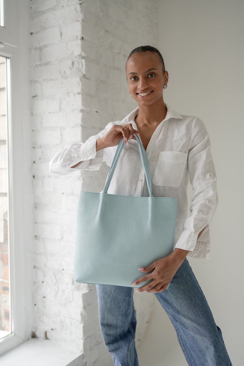 White leather tote bag for women, wedding handmade leather handbag, blue leather shoulder bag tote, bridesmaid tote, women leather tote image 7