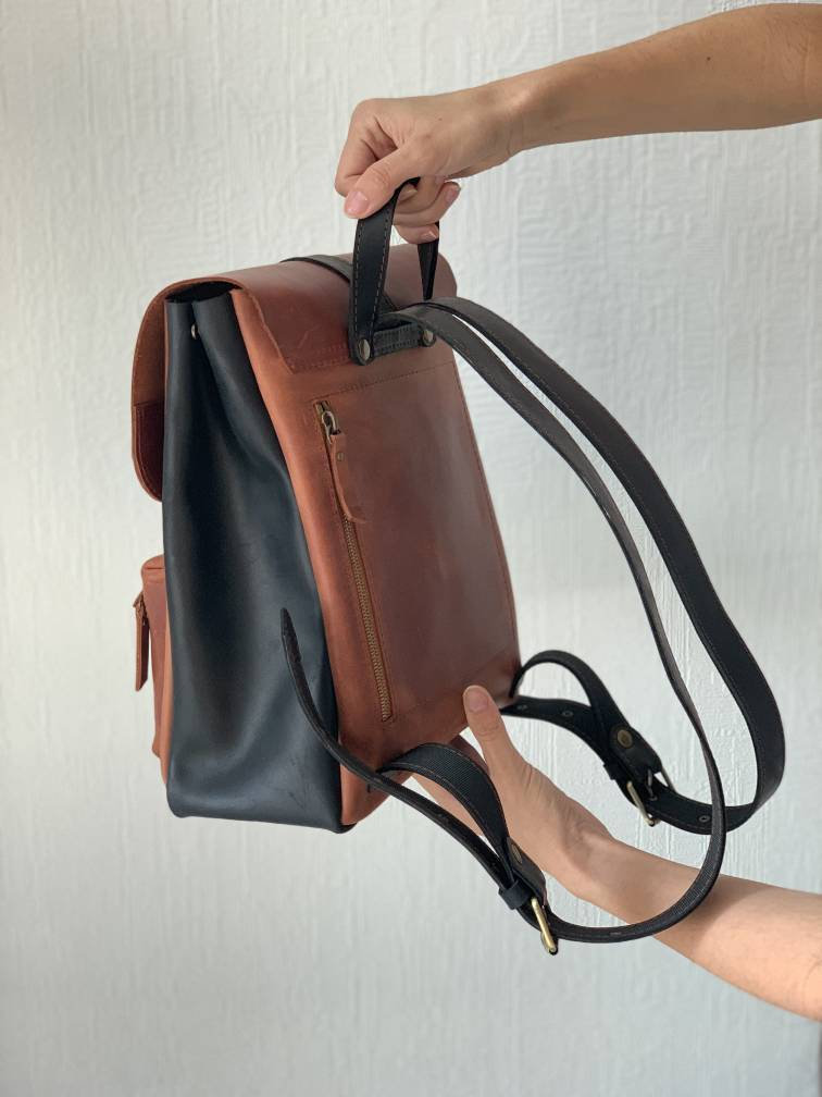 Women\'s Black and Brown Leatherette Backpack - Two-Tone Everyday Style Two-tone Leather Backpack: Women main image 2