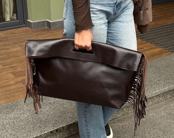Große Leder Fransen Clutch Bag - Boho Foldover Clutch, Oversized Leder Clutch, Handgemachte Statement Tasche, Festival Tasche