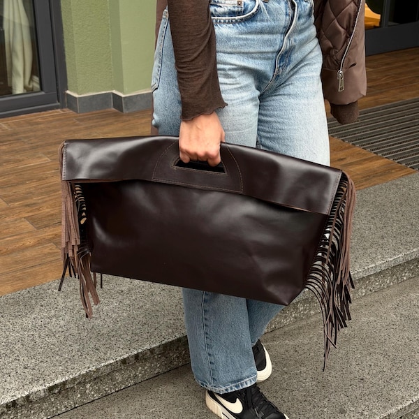 Große Leder Fransen Clutch Bag - Boho Foldover Clutch, Oversized Leder Clutch, Handgemachte Statement Tasche, Festival Tasche