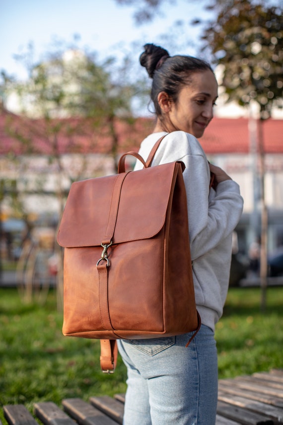 Womens leather backpack with laptop compartment top