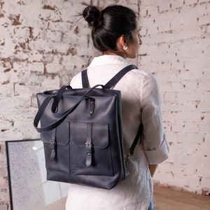 Mochila convertible azul, bolso tote convertible, mochila de cuero para mujer, mochila para portátil para mujer, mochila tote