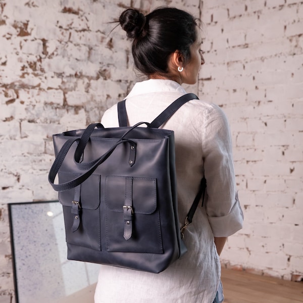 Blue Leather Convertible Backpack Tote Bag: Laptop Backpack Purse