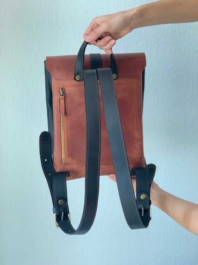 Two-tone Leather Backpack: Women display picture 2