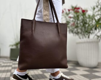 Dark Brown Pebbled Leather Tote — Minimalist, Elegant & Functional