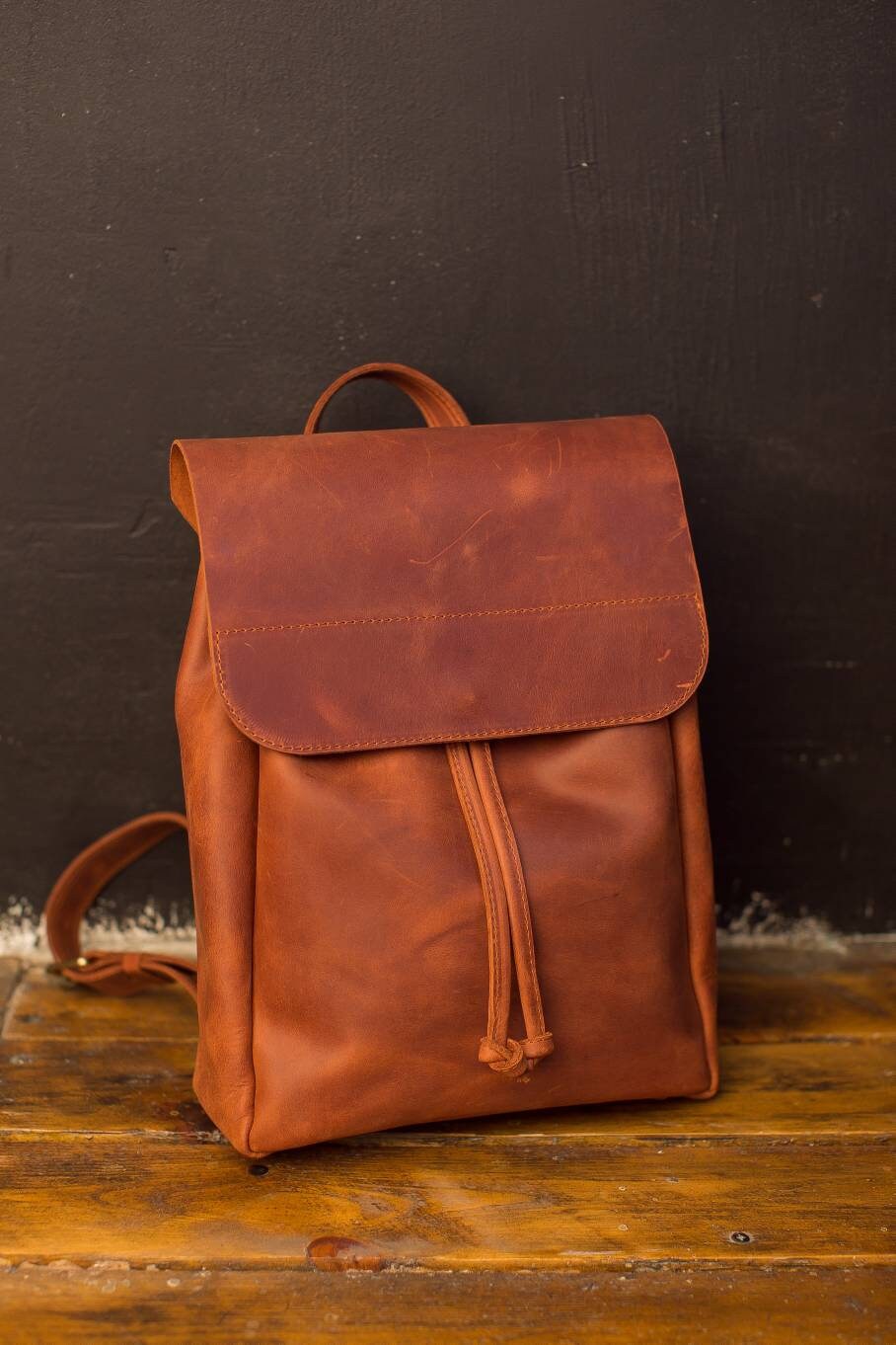 Cognac Brown Leather Backpack: Handmade Vintage Rucksack - Etsy