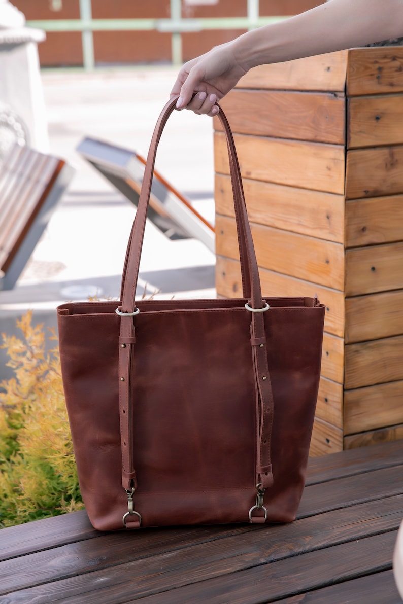 Brown convertible backpack purse, convertible tote bag, convertible leather tote, leather backpack women, brown leather tote, laptop bag image 5