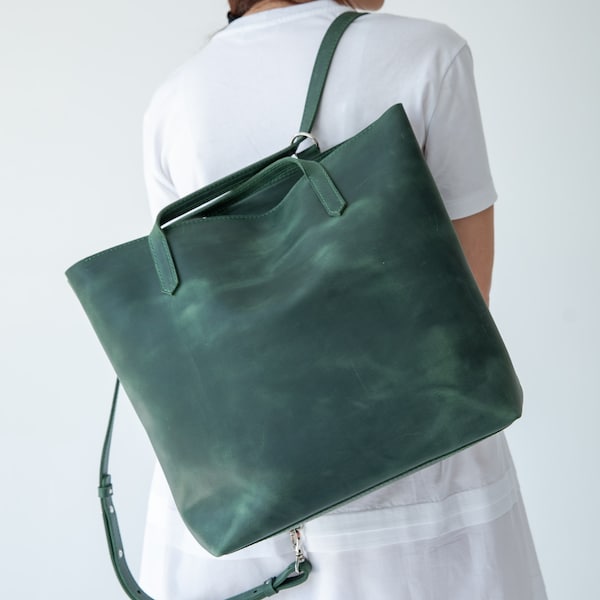 Mochila grande convertible de cuero verde: bolso tote para portátil
