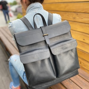 Black leather backpack Camera backpack Leather backpack women Backpack women Black backpack Leather backpack men laptop backpack Big pack image 3