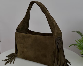 Boho Suede Fringe Hobo Bag | Handmade Shoulder Bag | Khaki Suede Tote | Bohemian Everyday Purse | Fall 2025 Limited Edition