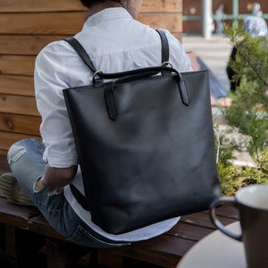 Brown convertible backpack purse, convertible tote bag, convertible leather tote, leather backpack women, brown leather tote, laptop bag Black