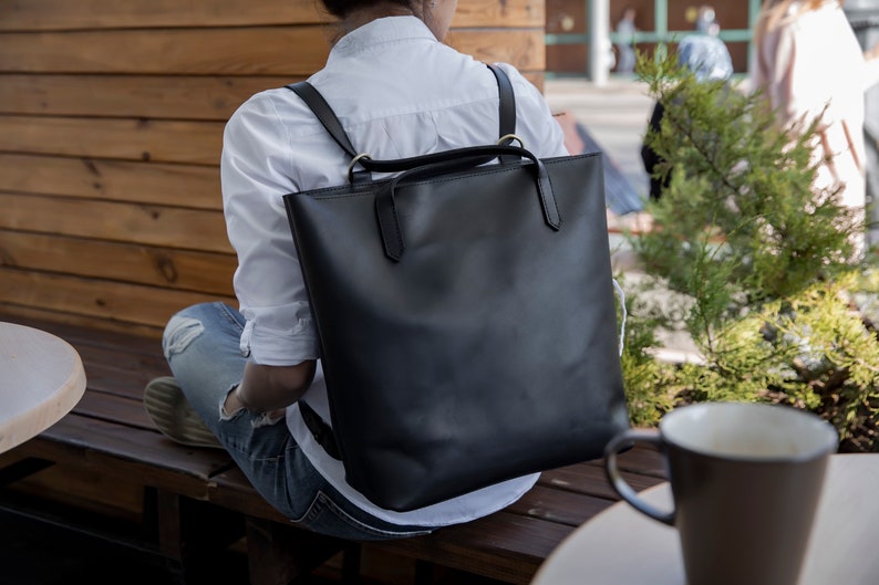 Brown convertible backpack purse, convertible tote bag, convertible leather tote, leather backpack women, brown leather tote, laptop bag Black