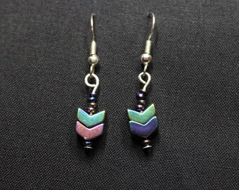 Hematite Chevron Beaded Dangle Hook Earrings