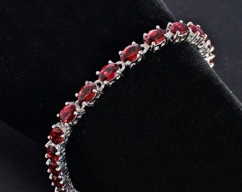 Natural Garnet Tennis Bracelet, 925 Sterling Silver Oval Gemstone Bracelet, January Birthstone Handmade Jewelry, Gift for Her, 7.5 Inch