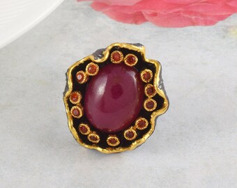 Natural Ruby & Garnet Statement Ring, Black Rhodium Plated 925 Sterling Silver Two Tone Handmade Cocktail Ring, Unique Jewelry Gift for Her