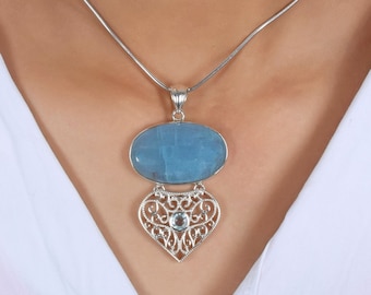 Designer 925 Sterling Silver Aquamarine Pendant Designer Handmade Women Silver Necklace Jewelry Aquamarine Silver Pendant, Christmas Gift