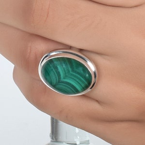 Men&#39;s Big Oval Malachite Ring, Natural Gemstone Ring, 925 Sterling Silver, Handmade Ring, Oval Shape Ring, Daily Wear Ring, Statement Ring