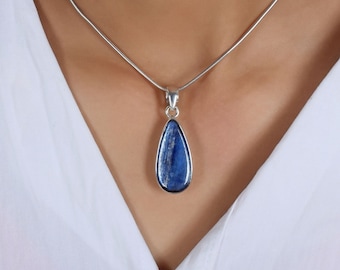 Gift For Woman, Natural Kyanite Pendant, Handmade Silver Pendant, 925 Sterling Silver Teardrop Kyanite Pendant, September Birthstone Jewelry