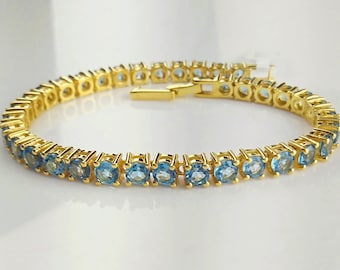 Natural Blue Topaz Bracelet, Tennis Bracelet for Women, 925 Sterling Silver Bracelet, 14k Gold Bracelet, Charm Bracelet, Wedding Bracelet