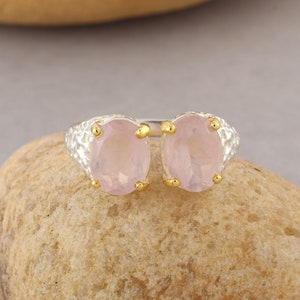 Rose Quartz Gemstone 925 Sterling Silver Gold Plated Prong Setting Toi et Moi Ring, Boho Antique Ring, Designer Ring, Proposal Ring Jewelry
