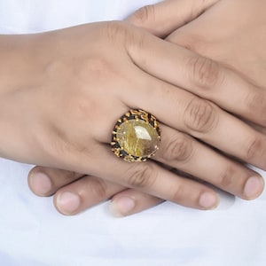 Golden Rutilated Quartz Ring, 925 Sterling Silver Dome Ring, Statement Ring, Gold Black Ring, Men&#39;s Rutilated Quartz Ring Jewelry, Gift Wife