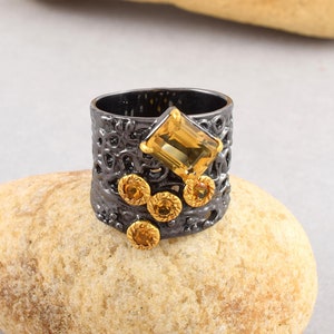 Citrine Silver Ring, 925 Sterling Silver Band, Black Rhodium Band Ring, 18k Gold Plated, Handmade Ring, Bohemian Ring, Wife&#39;s Gift Jewellery