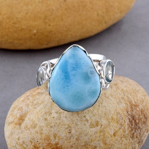 Women&#39;s Natural Larimar Gemstone Ring, Dominican Ocean Larimar Ring, 925 Sterling Silver Ring, Blue Topaz Jewelry, First Communication Gift