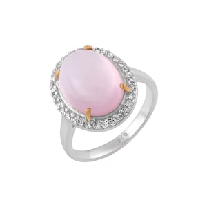 Natural Rose Quartz Gemstone 925 Sterling Silver Ring, Pink Rose Quartz Cabochon Ring White Topaz, Handmade Jewelry, Proposal Ring For Girls
