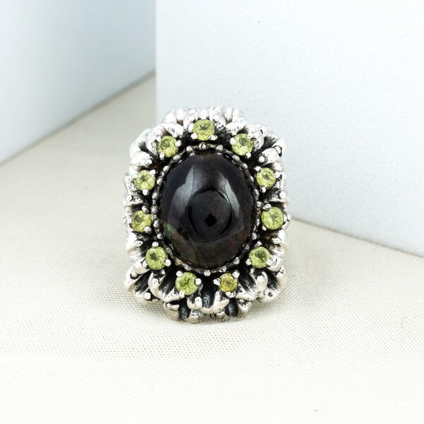 Black Ethiopian Opal,Peridot Gemstone 925 Sterling Silver Oxidized Bezel,Prong Setting Cocktail Ring, Boho Antique Ring, Oxidized  Ring,