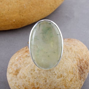 Natural Prehnite Ring, Mint Green Gemstone Ring, Sterling 925 Stamped Silver Ring, Oval Stone Ring, Hand Crafted Bohemian Ring, Huge Ring