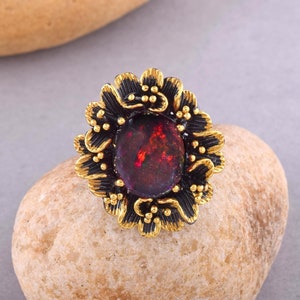 Luxury Sparkling Black Fire Opal Ring, October Birthstone Ring, Sterling Silver Ring, Wedding Ring, Fire Opal Ring, Birthday Gift For Women