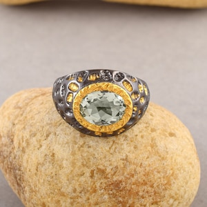 Natural Green Amethyst Ring, 925 Sterling Silver Ring, Prasiolite Solitaire Ring, Green Stone Ring, Black Rhodium Gold Plated Ring, Handmade