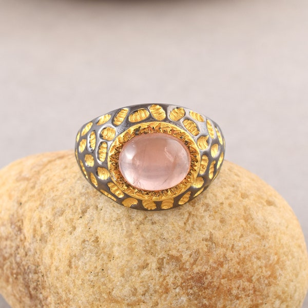 Natural Rose Quartz Ring, Rose Quartz Cabochon Ring, Black Rhodium 925 Sterling Silver Gold Plated Ring, Boho Unique Ring, Promise Ring