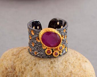 Natural Ruby Wide Band 925 Sterling Silver Ring Vintage Style 14k Gold & Black Rhodium Plated Ring, July Birthstone Jewelry, Gift For Women