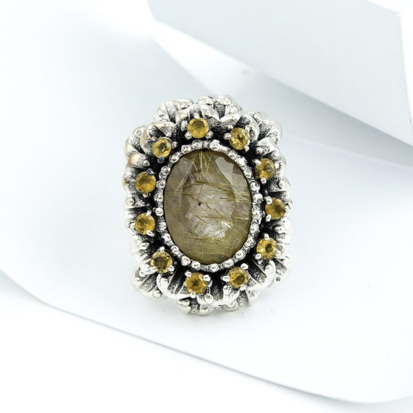 Golden Rutile & Citrine Gemstone Ring, Multi Stone Ring, 925 Sterling Silver Antique Ring, Bezel Prong Setting, Oxidized Ring, Women's Ring