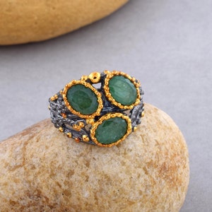 Ring smaragd, groene authentieke smaragd ring, sterlingzilveren ring, vintage smaragd ring, kostbare edelsteen drie edelsteen ring sieraden cadeau