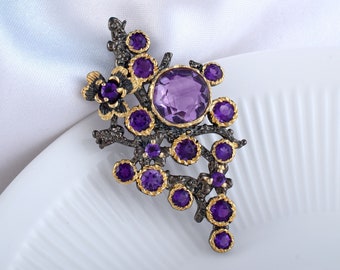 Natural Round Amethyst Handmade Vintage Pendant for Women Solid 925 Sterling Silver Branch Leaf Design, Unique Nature Inspired Gift For Lady