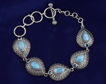 Pulsera de larimar para niña, pulsera de plata de ley, pulsera de diseñador, pulsera de larimar con forma de pera, pulsera hecha a mano, regalo de Navidad