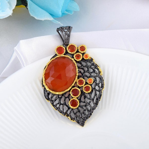 Handmade Carnelian Necklace, Orange Gemstone Pendant, Sterling Silver Pendant, Designer Leaf Pendant, Gold Plated Vintage Pendant Necklace