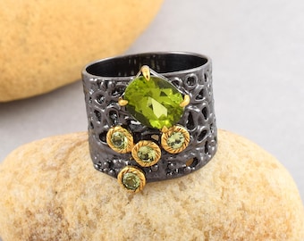 Peridot Ring Black Rhodium 925 Sterling Silver Wide Band Ring Men's Ring, Unisex August Birthstone Ring Handmade Textured Ring Jewelry Women