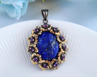 Lapis lazuli en amethist hanger natuurlijke cabochon edelsteen, 925 zilveren hanger, vergulde vintage stijl hanger ketting, statement hanger