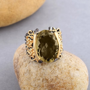 Natural Smoky Quartz Ring, Handcrafted Sterling Silver Ring, Black Rhodium Ring, Vintage Gold Plated Ring, Statement Ring Jewelry For Women