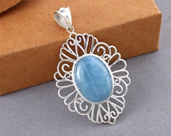 Natural Aquamarine Gemstone Pendant 925 Sterling Silver Jewelry Aquamarine Pendant Necklace Handmade Women Gift, Oval Stone Pendant For Wife